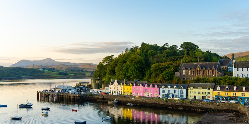 Panoramic view of dramatic landscapes of the Isle of Skye is one of islands in the UK for