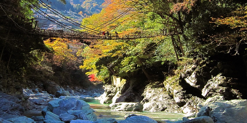 Iya valley with a bridge over the river flowing in between the valley surrounded by greenery