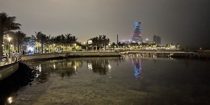 Jeddah corniche at night with a water body, multiple palm trees, street lamps and buildings