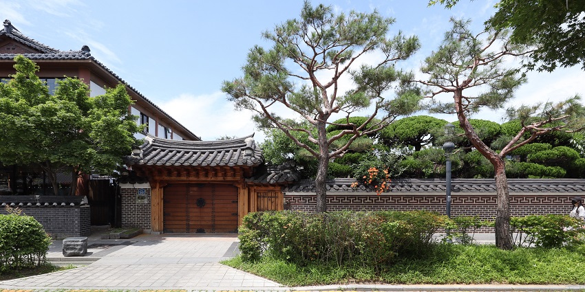 Traditional Korean houses with tiled roofs in Jeonju Hanok Village.