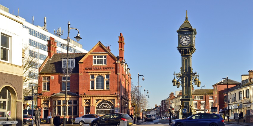 Street view of the Jewellery Quarter’s heritage buildings and independent shops.