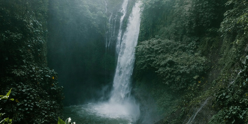 Waterfalls flowing in high pressure, creating a small pool surrounded by dense green cliffs