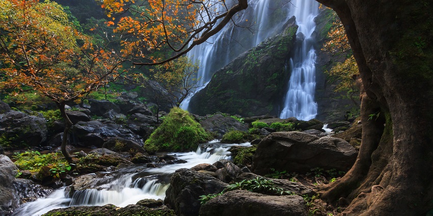 Khlong Lan waterfall with water flowing on the uneven rocky surface and greenery.
Viewers of this file can see comments and suggestions