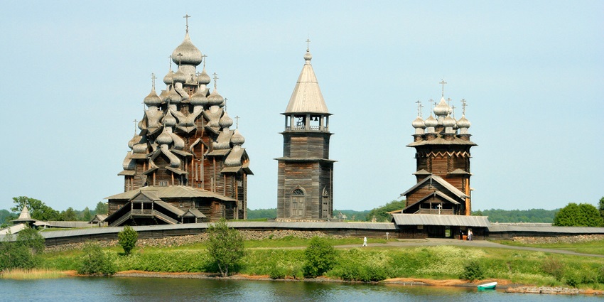 Wooden Church of the Transfiguration on Kizhi Island, a UNESCO site with onion domes.