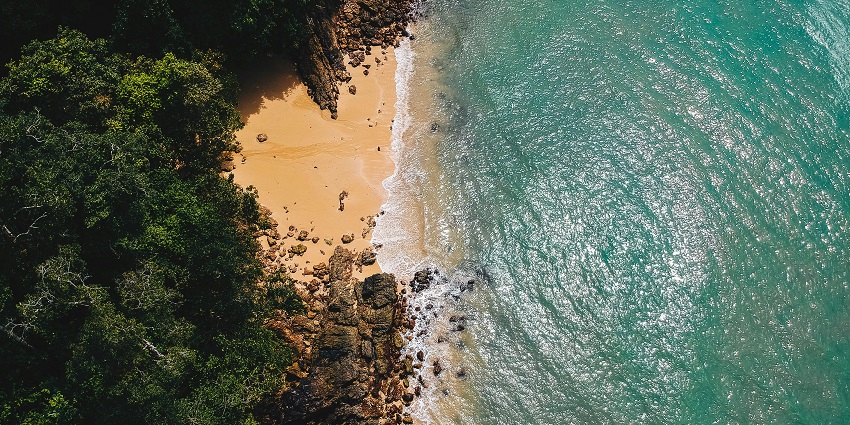 Peaceful sandy beach on Koh Phayam with calm waves and palm trees.