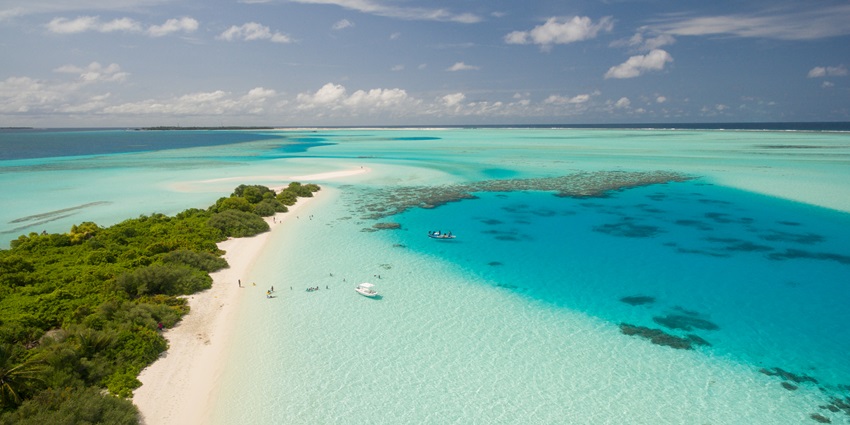 Aerial view of Kudahuvadhoo in Dhaalu Atoll, one of the places to visit in the Maldives.