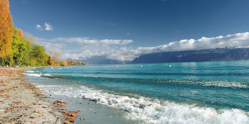 A scenic lakeshore with turquoise waves, autumn-colored trees, and distant mountains
