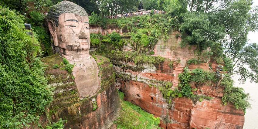 Leshan Giant Buddha with detailed carvings, plants growing on the rocky surface and trees