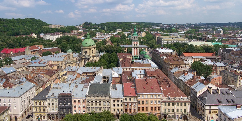 A panoramic view of Lviv’s historic rooftops, one of the popular monuments in Ukraine.