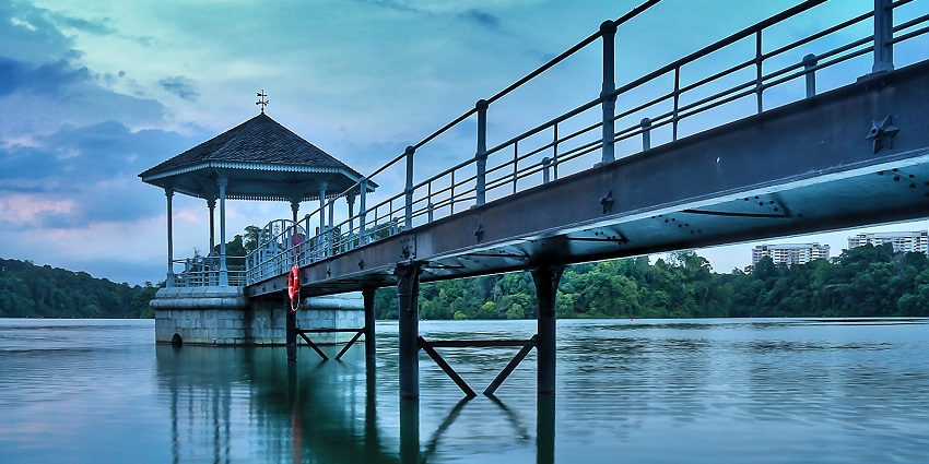 MacRitchie Reservoir with wooden deck, calm water, and lush trees under a cloudy sky.