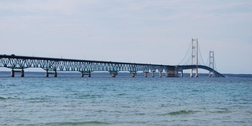 Mackinac Bridge from above, with unique architecture.