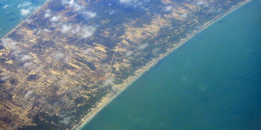 Image of Mannar Island’s aerial view of ancient churches and shallow coastal lagoons.