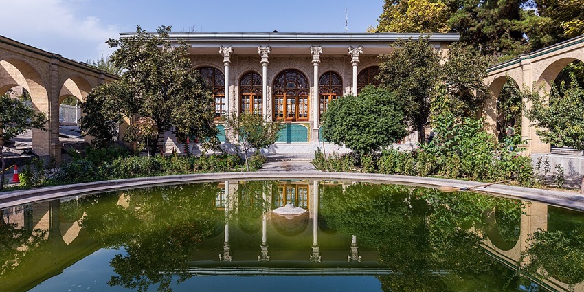 Masoudieh Palace in Tehran, with the entrance gate to the palace and a small water body