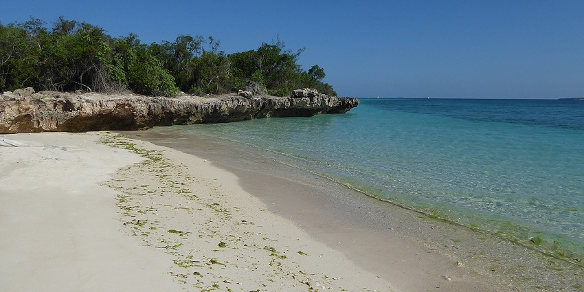 Scenic view of Mbudya Island during sunset with clear waters and a serene beach under a clear blue sky.
