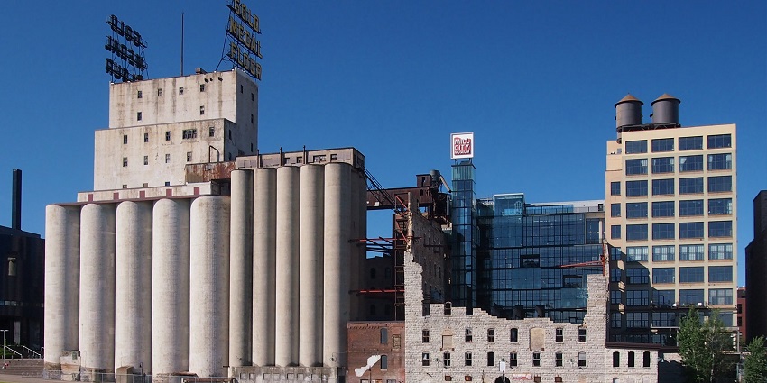 Mill City Museum with a big traditional architectural flour mill and multiple signages on top
