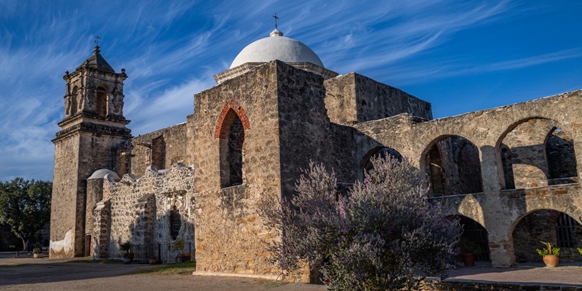 Mission San José with an old architectural building, a white dome, one of the top historical places in San Antonio. Viewers of this file can see comments and suggestions