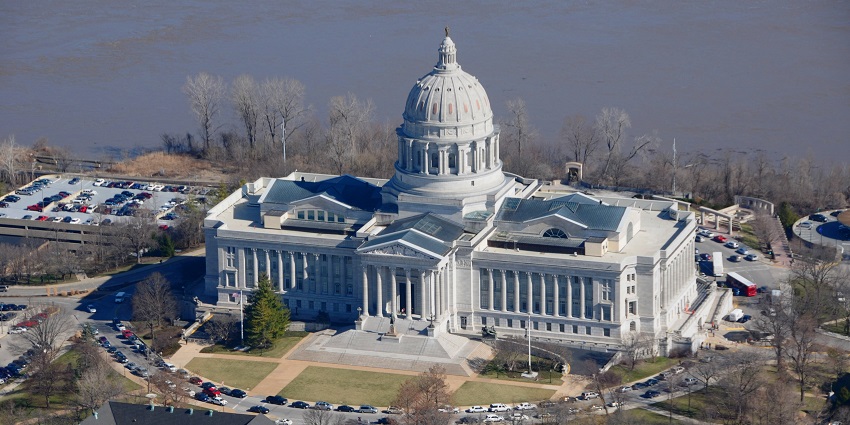 Missouri state capitol from above with white architectural building, one of the historical places in Missouri.