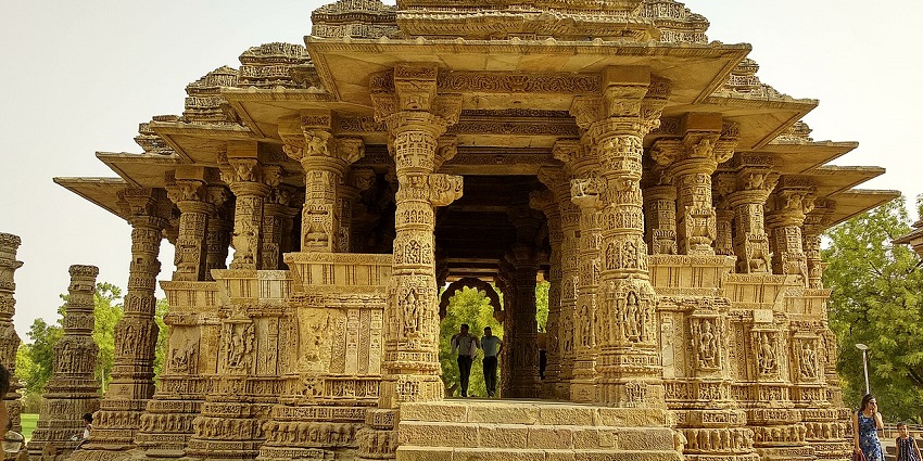 The ancient Sun Temple at Modhera stands with majestic carved pillars in Gujarat
