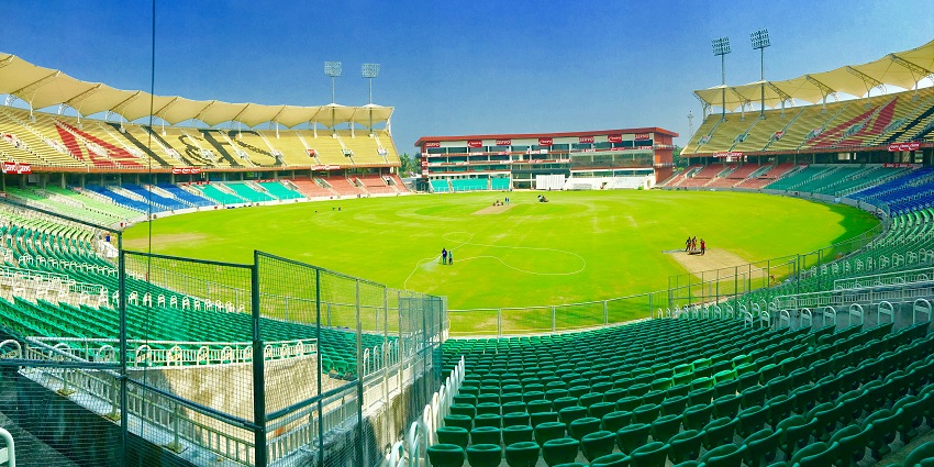 Punjab Cricket Association Stadium with modern stands and lush green pitch in Mohali, Punjab