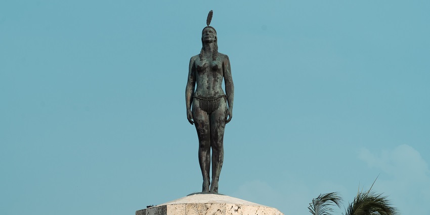 Statues of indigenous warriors and Aztec rulers, part of historic monuments in Mexico