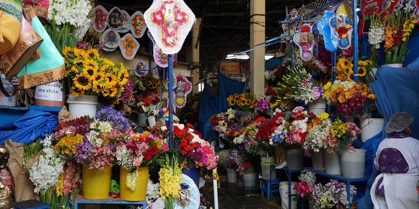 Bright and colorful flowers arranged beautifully inside a bustling flower shop.