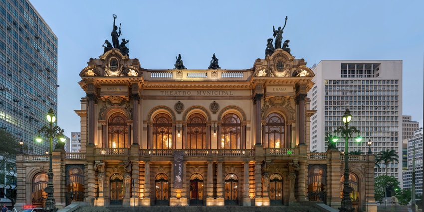 Historic Theatro Municipal with ornate architecture and statues in Rio De Janeiro