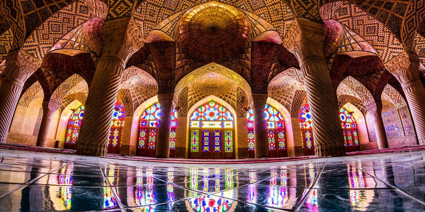The colored glass inside the Nasir ol-Molk Mosque, one of the monuments in Iran.