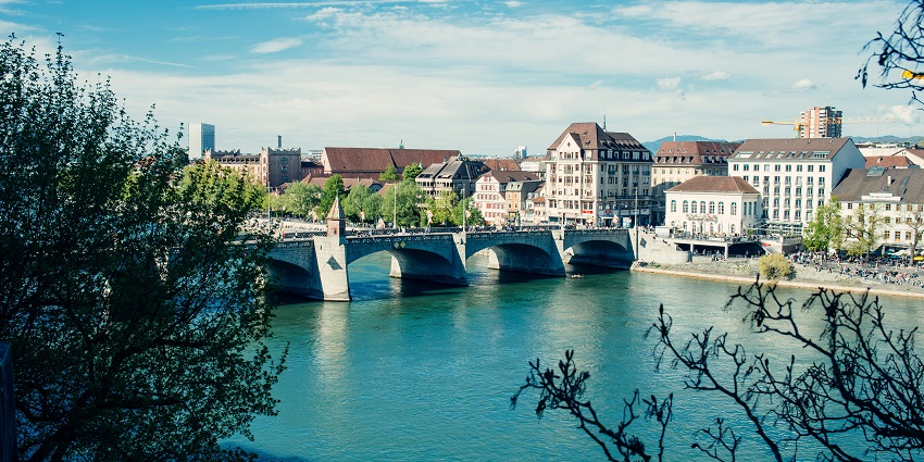 Scenic view of Mittlere Brücke in Basel, Switzerland, featuring charming Rhine Rive