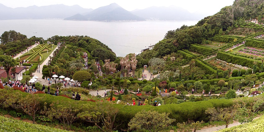 Landscaped botanical gardens and coastal cliffs on the picturesque Oedo Island, South Korea.