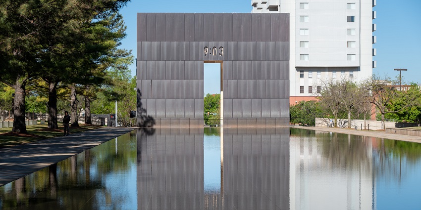 The Reflecting Pool and Gates of Time at Oklahoma City National Memorial.