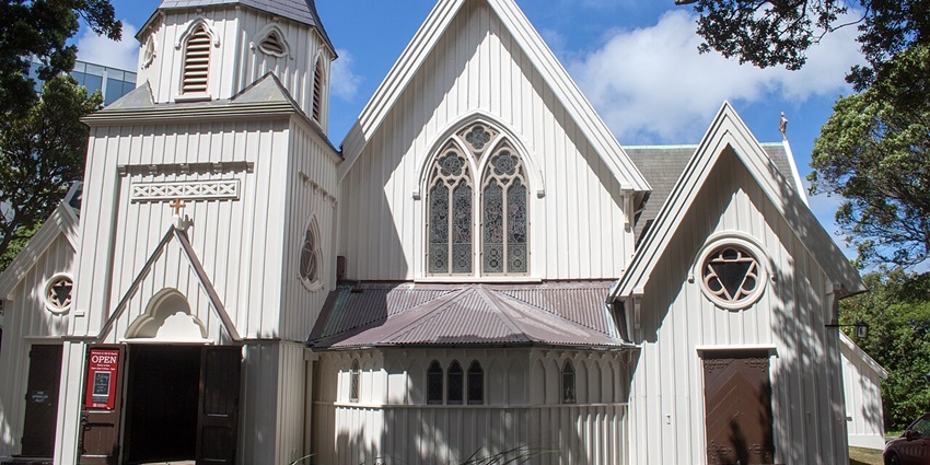 Old st paul’s church in Wellington with white Christian architecture and unique windows