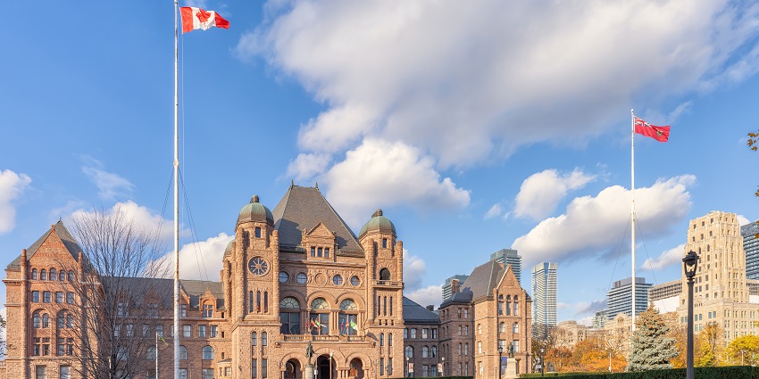 The Ontario Legislative Building with its iconic pink sandstone and grand central dome.