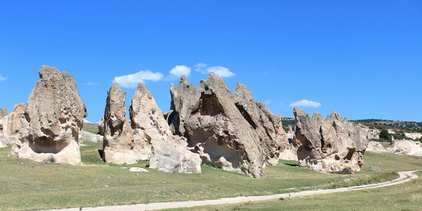 Otrar ruins from above with distant old ruined architectural buildings, one of the historical places in Kazakhstan.