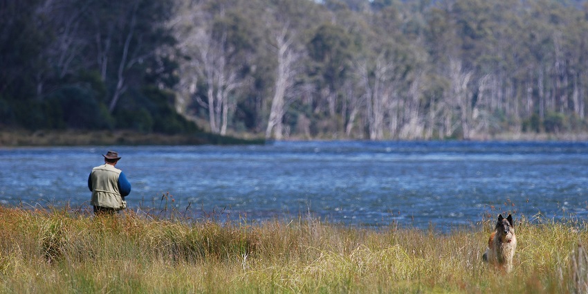 A lone fisherman casts his line into rocky valley lake surrounded by forested hills under a clear sky.