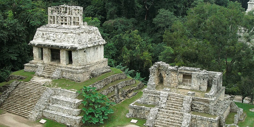 Palenque ruins with stairs leading to the ruined broken old structures, one of the famous historical places in Mexico.