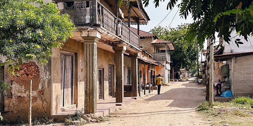 Aerial view of a quiet street in Pangani Town lined with rustic buildings and palm trees on a bright sunny day.
