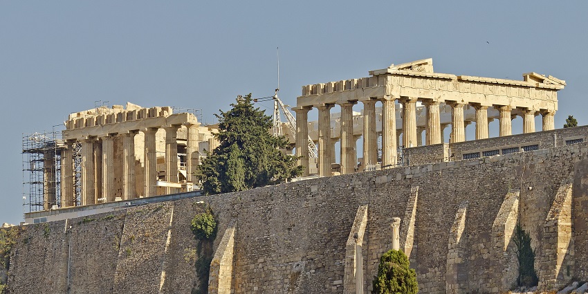 The Parthenon, an iconic monument in Greece, stands atop the Acropolis in Athens.