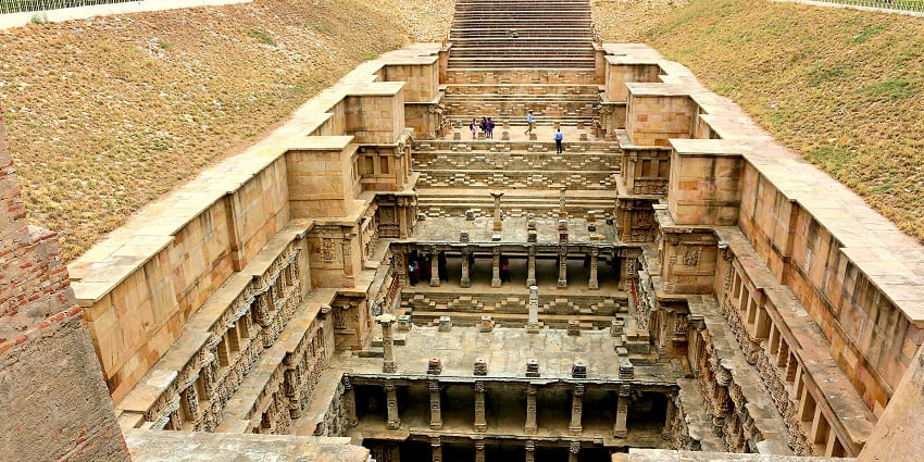 Ornate sculptures and multi-tiered steps lead down into Rani ki Vav, a stepwell in Patan.