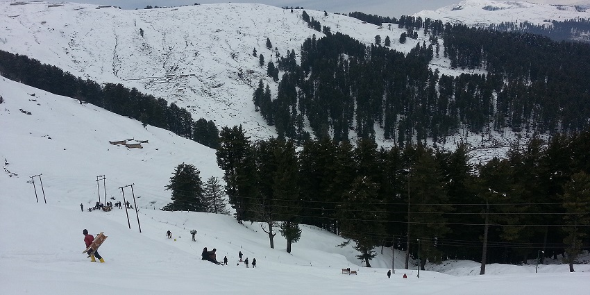 Snow-covered slopes of Patnitop with dense pine trees creating a winter hillside scene.