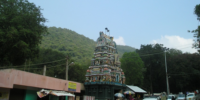 View of Pazhamudhir Solai Murugan Temple, surrounded by greenery in Tamil Nadu.