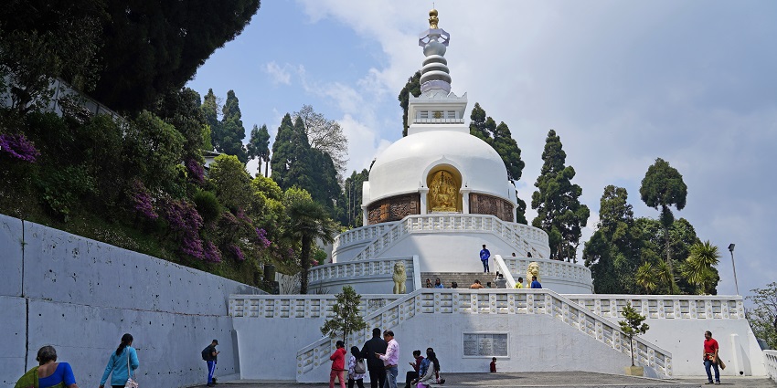 Peace Pagoda in Darjeeling, with a white architectural building and multiple sets of stairs.