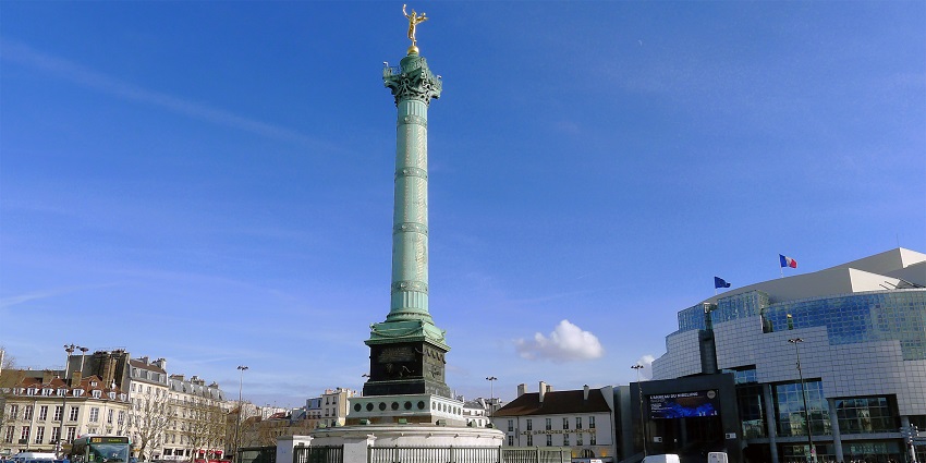 July Column standing at the center of Place de la Bastille, one of the historical places in Paris.