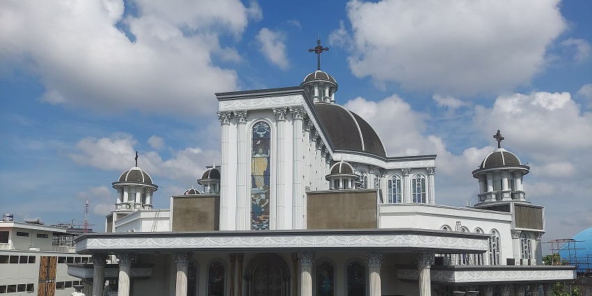Majestic cathedral with towering spires and detailed architectural features