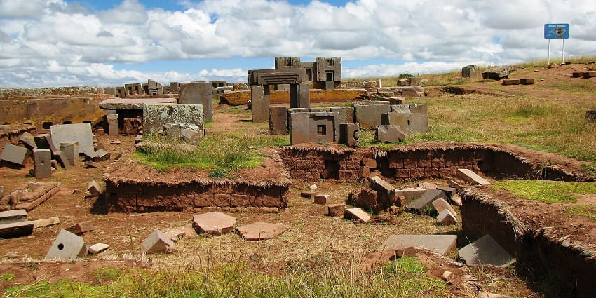 A view of Puma Punku’s massive stone blocks, highlighting precise ancient masonry work.