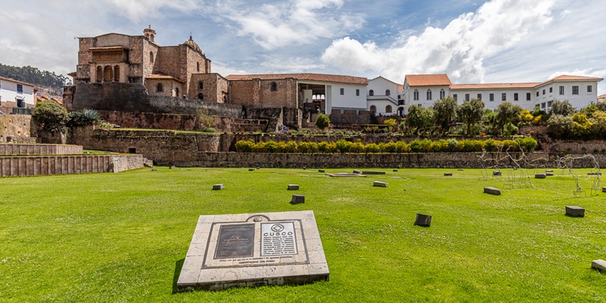 The Qorikancha temple complex, featuring stonework a significant monument in Peru.
