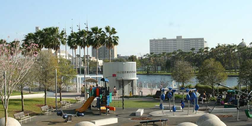 Unwind at Curtis Hixon Park, offering fountains, playgrounds, and skyline views by the water.