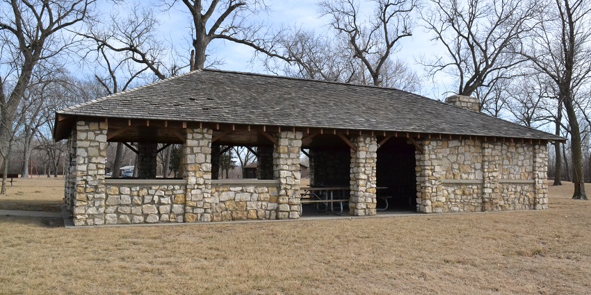Open shelter at Lewis in Clark State Park. Listed on the National Register of Historic Places.