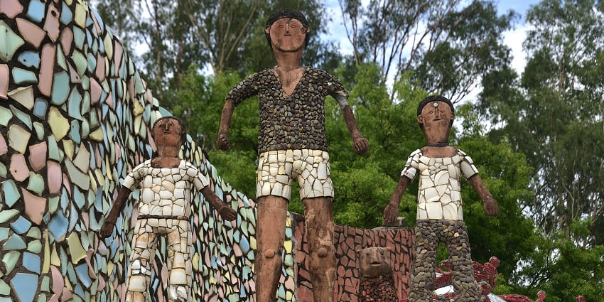 Whimsical sculptures made from industrial waste inside the Rock Garden, Chandigarh.