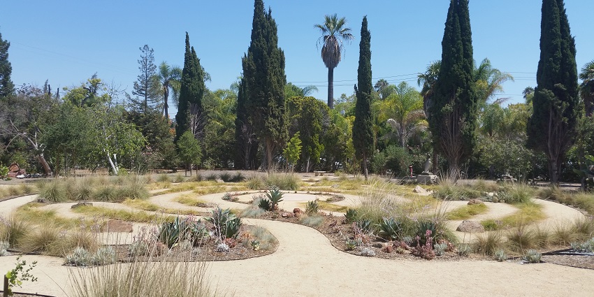Rosicrucian labyrinth and peace gardens with small grass bushes and tall green trees.