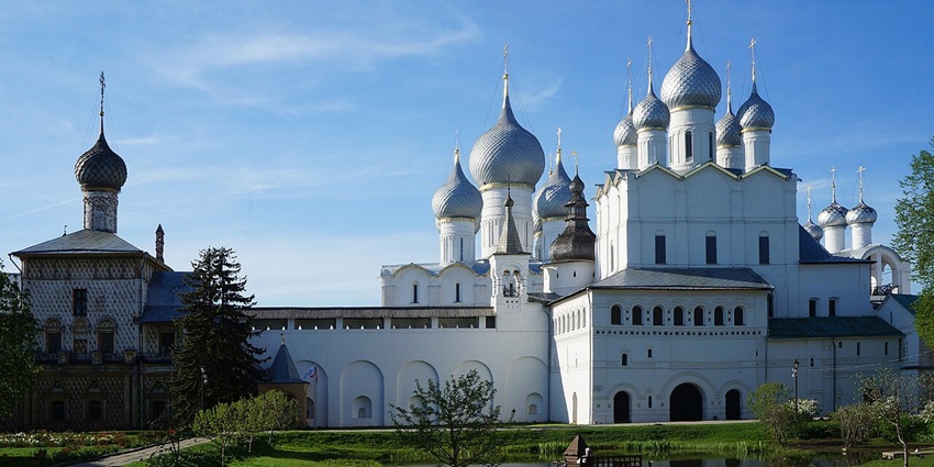 Rostov Kremlin with traditional Russian architecture, silver domes of the building